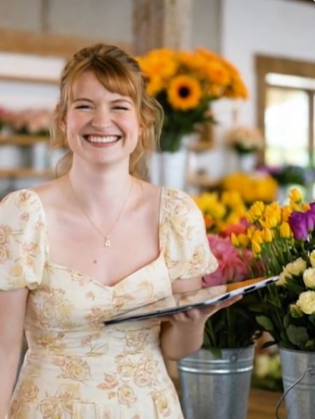 Annie in her florist shop holding a tablet