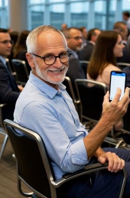 Ed with FRIDAY Canvas on his phone at a conference